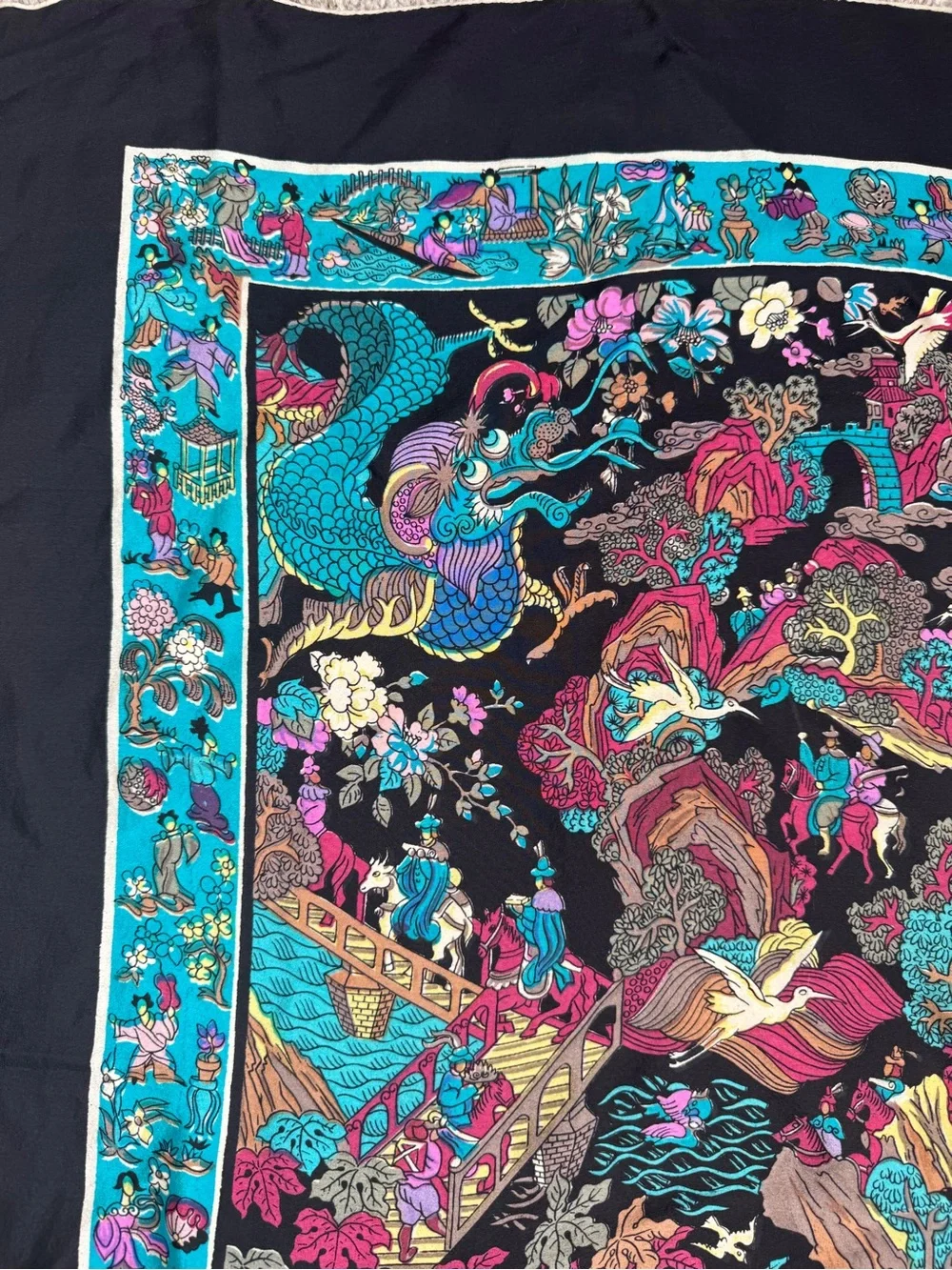 Vintage Hand Rolled Silk Chinoiserie Style Luxury Square Scarf Asian Motif